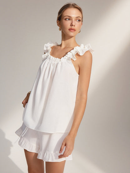 Saf Pamuklu Volanlı Şort Takımı