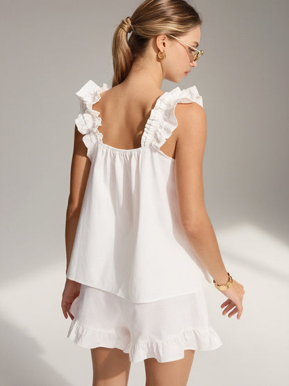 Saf Pamuklu Volanlı Şort Takımı