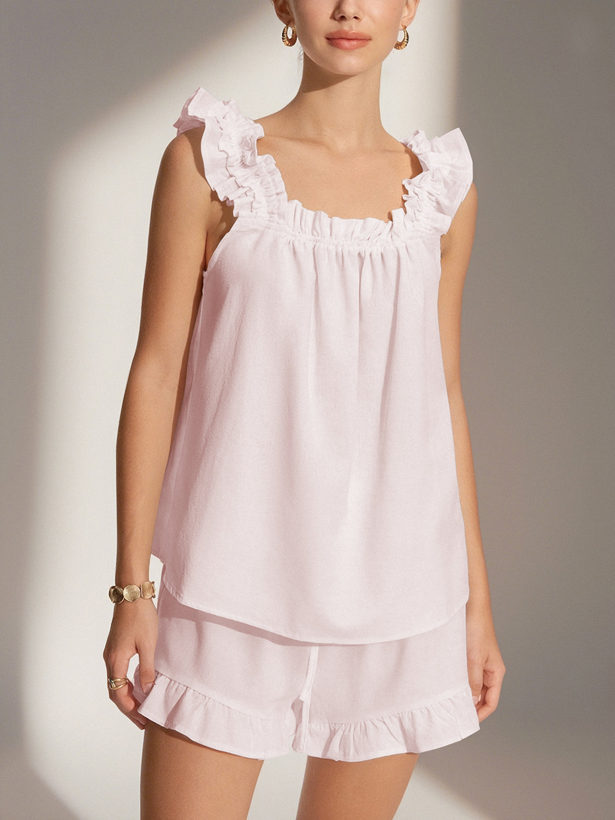 Saf Pamuklu Volanlı Şort Takımı