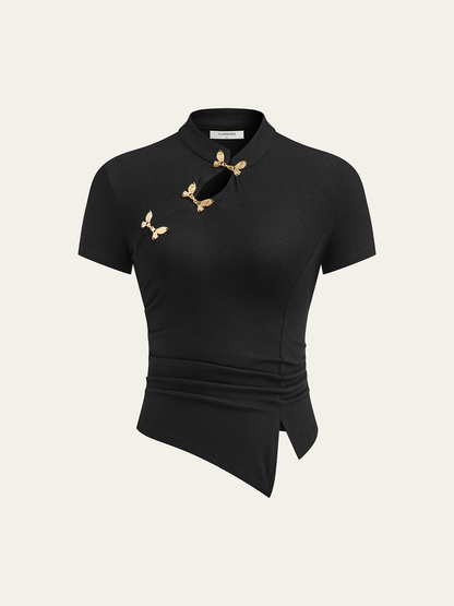 Metal Kelebek Detaylı Asimetrik Büzgülü Üst