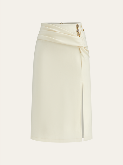 Metal Detaylı Yırtmaçlı Midi Etek