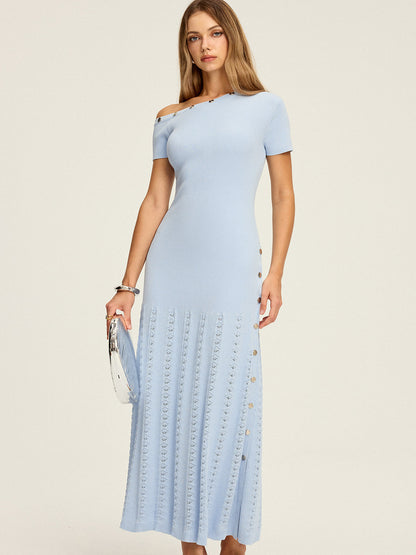 Tek Omuzlu Düğme Detaylı Örme Uzun Elbise