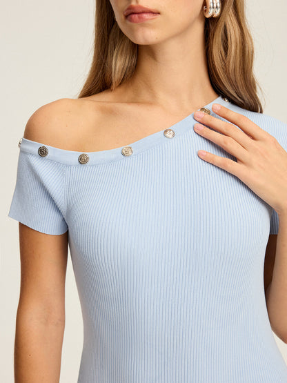 Tek Omuzlu Düğme Detaylı Örme Uzun Elbise