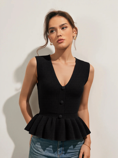 Düğmeli V Yaka Örgü Peplum Yelek