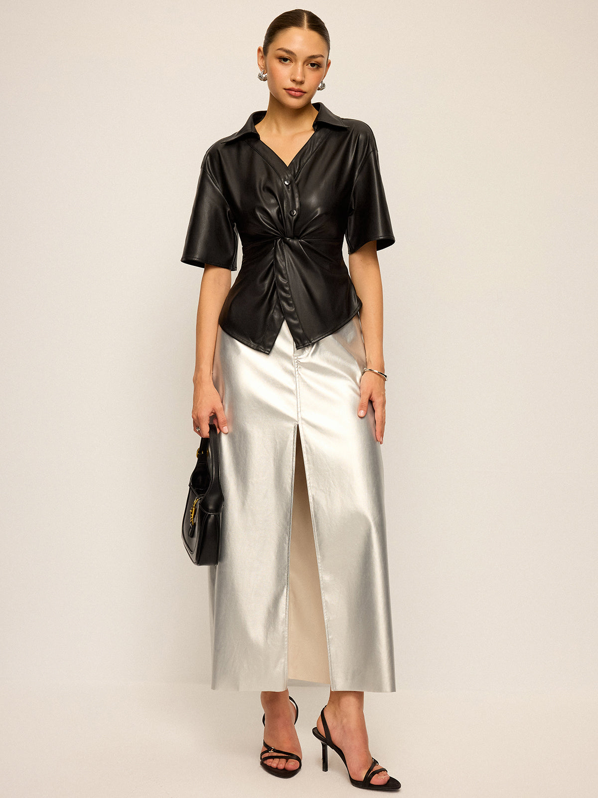 PU Deri Kısa Kollu Bükülmüş Bluz