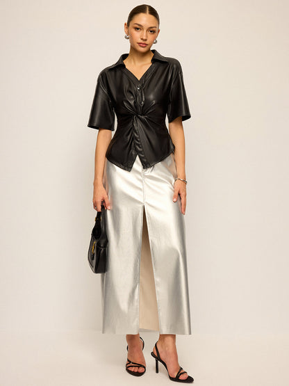 PU Deri Kısa Kollu Bükülmüş Bluz