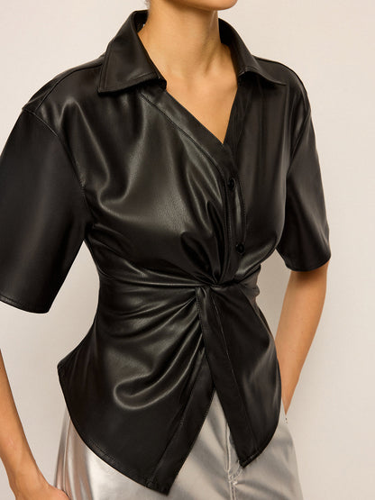 PU Deri Kısa Kollu Bükülmüş Bluz