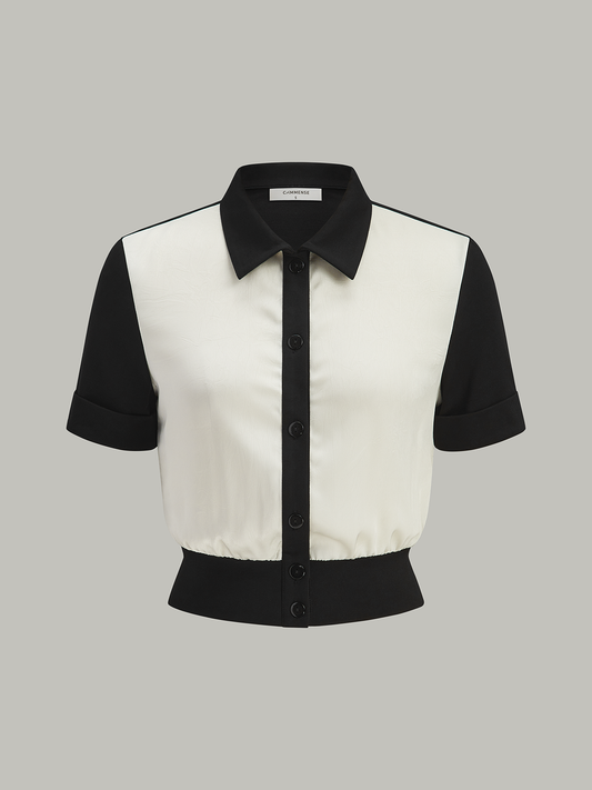 Renk Bloklu Önü Düğmeli Bluz