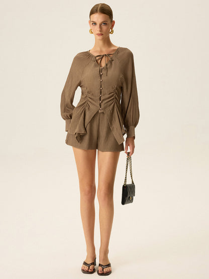 Büzgülü V Yaka Dokulu Şort Takımı