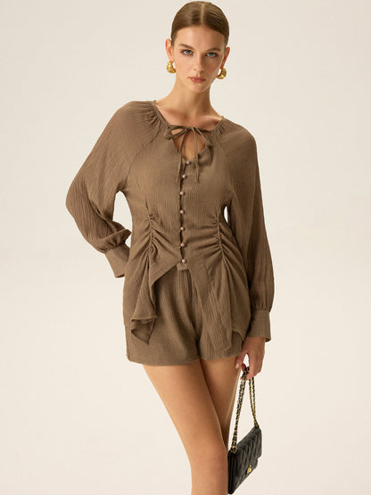 Büzgülü V Yaka Dokulu Şort Takımı