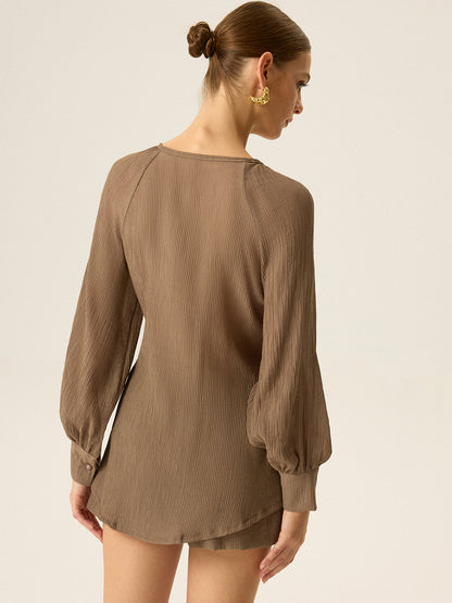 Büzgülü V Yaka Dokulu Şort Takımı