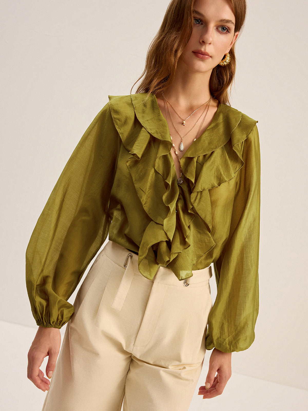 Yarı Şeffaf Tencel Volanlı Bluz