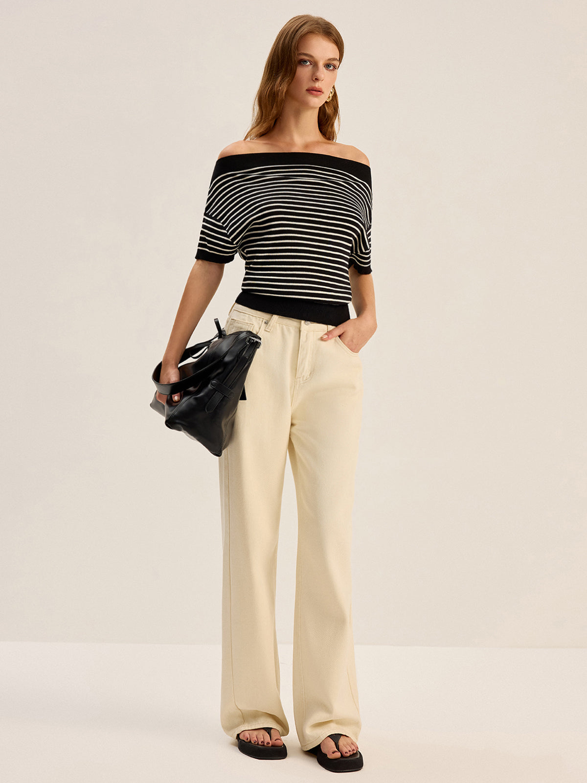 Çizgili Omuz Açık Örgü Üst