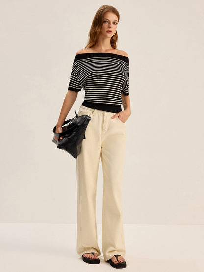 Çizgili Omuz Açık Örgü Üst