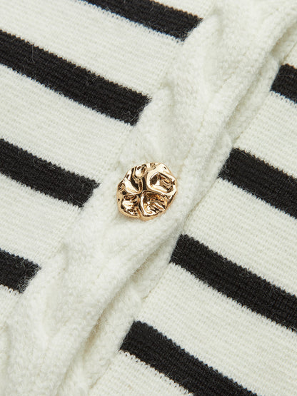 Kablo Örgü Kenarlı Çizgili Yelek