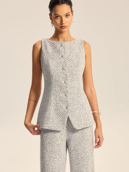 Dokulu Tweed Düğmeli Yelek