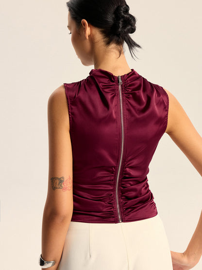 Saten Kapüşonlu Yaka Asimetrik Etekli Arka Fermuarlı Üst