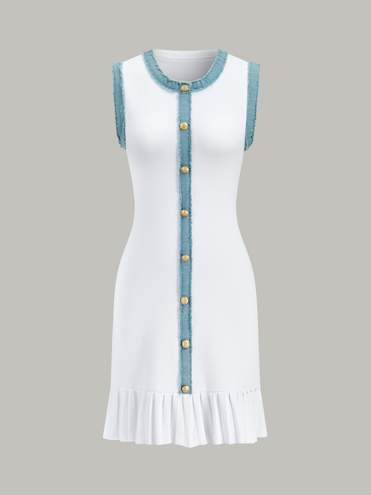 Kot Kenarlı Düğmeli Ön Volanlı Midi Elbise