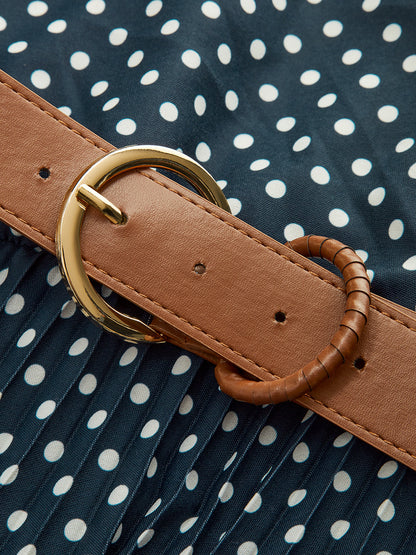 Puantiyeli Askılı Yaka Kemerli Midi Elbise