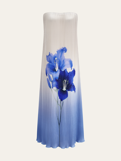 Çiçek Desenli Degrade Straplez Pileli Uzun Elbise