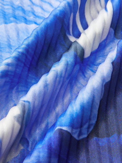 Çiçek Desenli Degrade Straplez Pileli Uzun Elbise