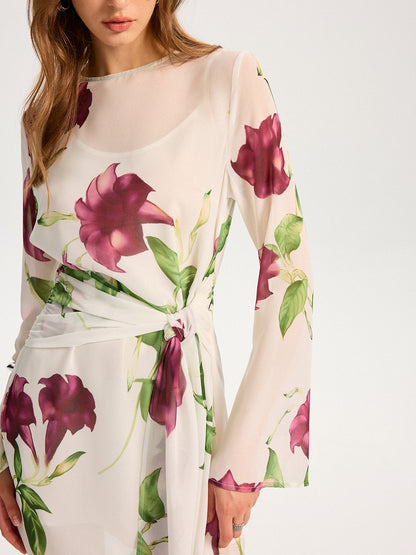Yarı Şeffaf Çiçek Desenli Şifon Mini Elbise