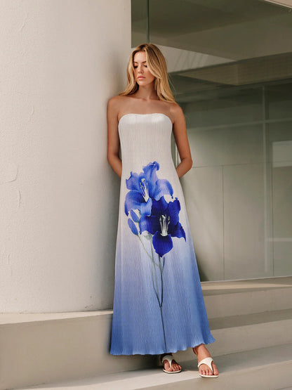 Çiçek Desenli Degrade Straplez Pileli Uzun Elbise