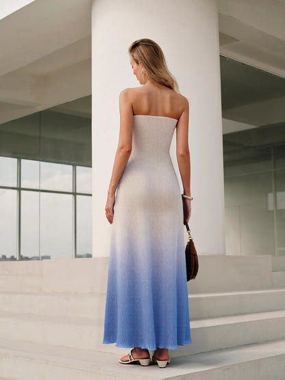 Çiçek Desenli Degrade Straplez Pileli Uzun Elbise