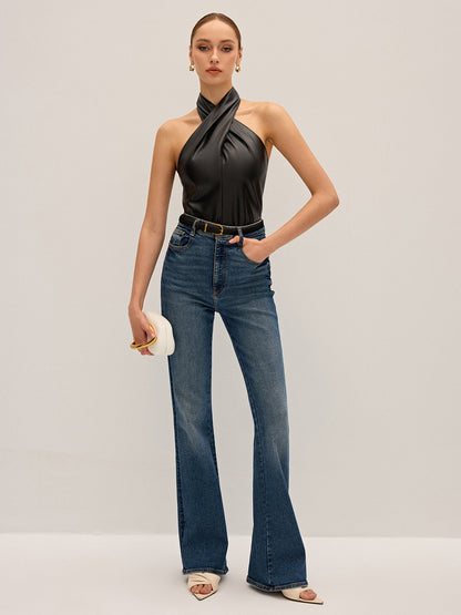 PU Deri Çapraz Askılı Yaka Üst