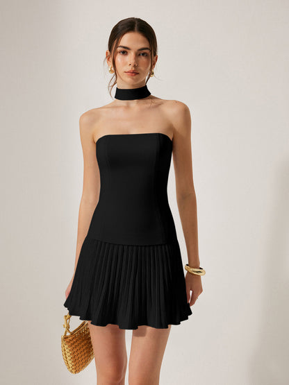 Halter Yaka Straplez Pileli Mini Elbise