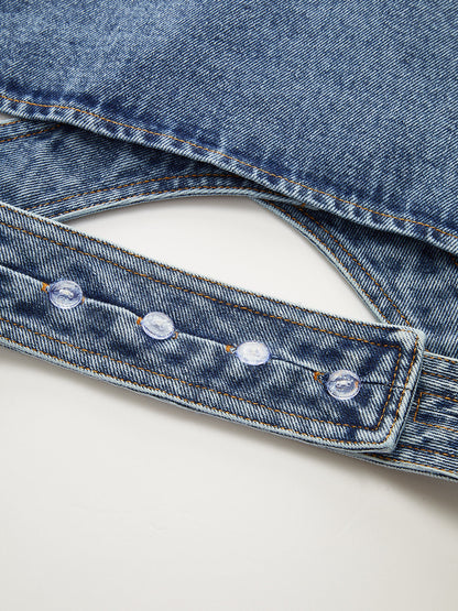 Asimetrik Sarılı Kot Yaka Kısa Yelek