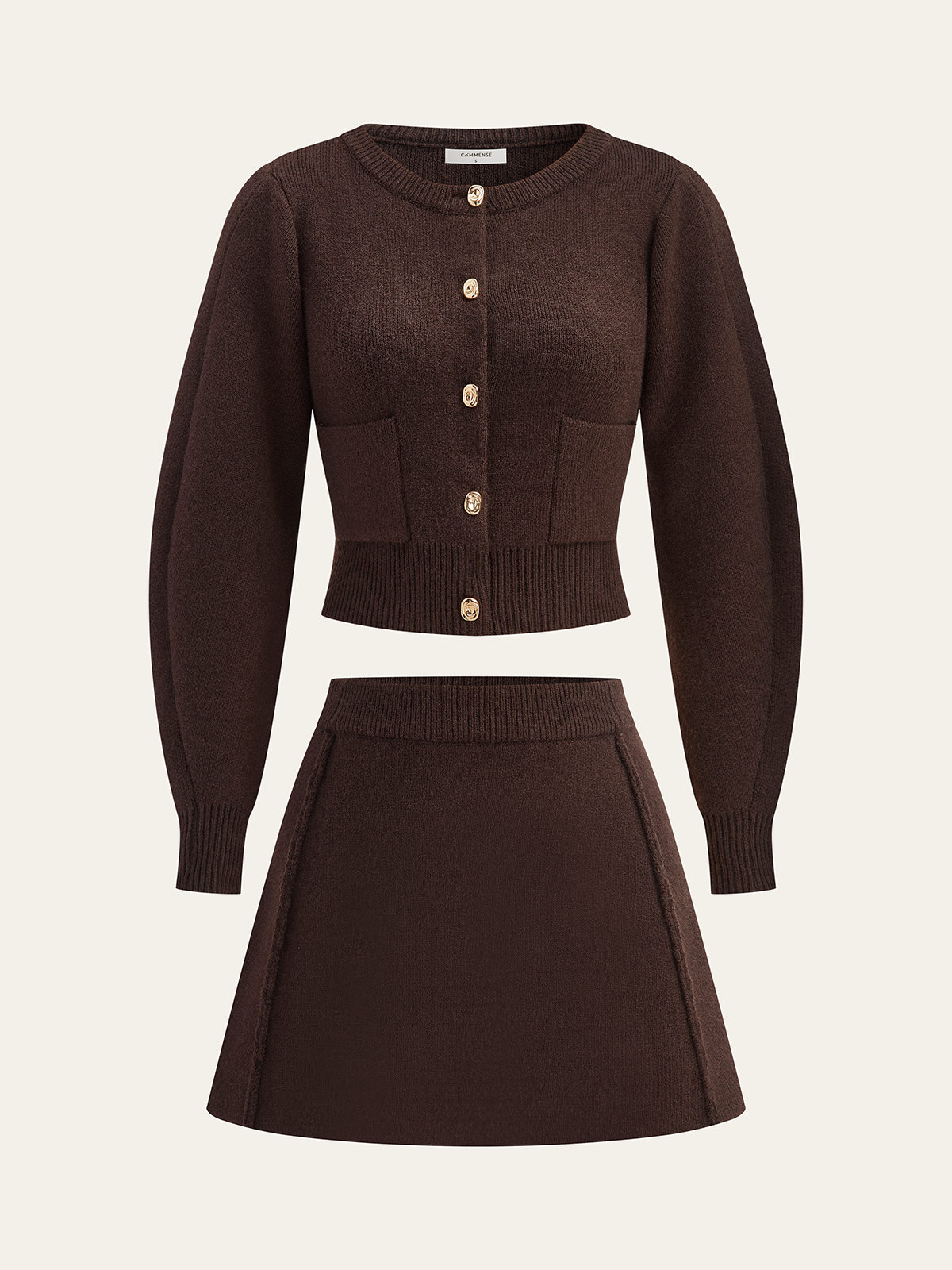 Kuzu Kollu Metal Düğmeli Örgü Üst ve Etek Takımı