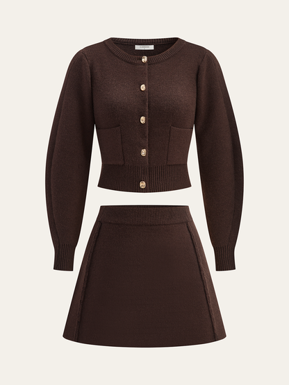 Kuzu Kollu Metal Düğmeli Örgü Üst ve Etek Takımı