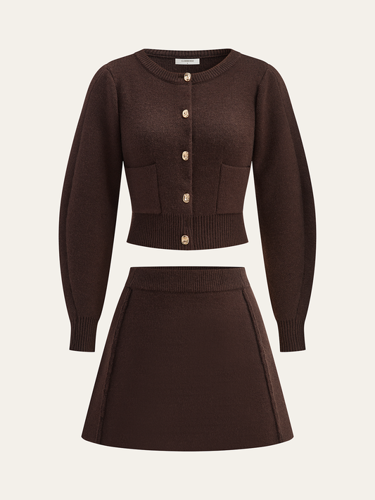 Kuzu Kollu Metal Düğmeli Örgü Üst ve Etek Takımı