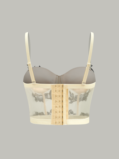 Yarı Şeffaf Çiçek Nakışlı File Korse Üst