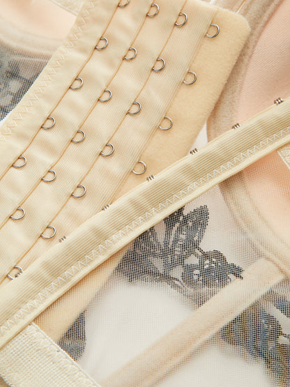 Yarı Şeffaf Çiçek Nakışlı File Korse Üst