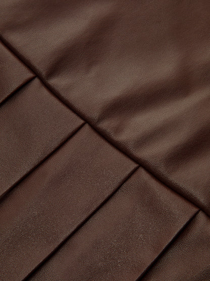 Suni Deri Yüksek Bel Pileli Mini Etek