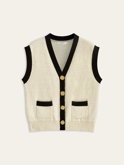 Kontrast Kesim Metal Düğmeli Dokulu Örgü Yelek