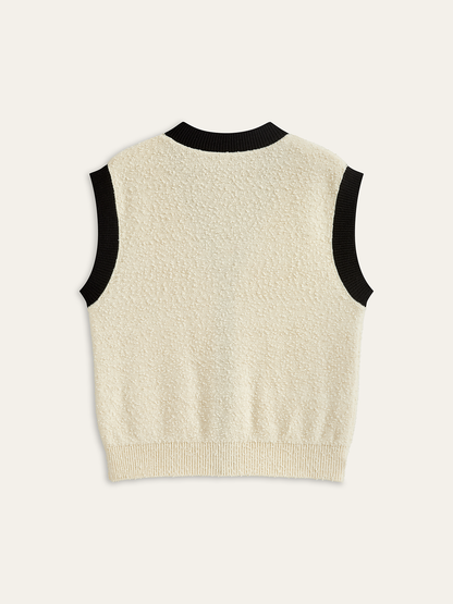 Kontrast Kesim Metal Düğmeli Dokulu Örgü Yelek