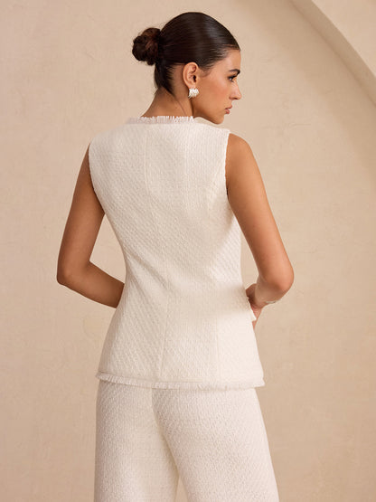 Tweed Saçaklı Düğmeli Yelek