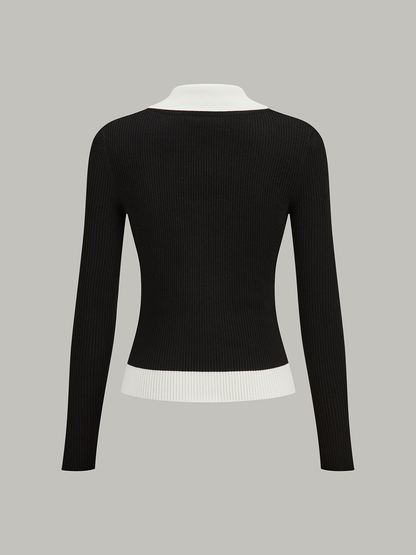 Kontrast Kesim Yaka Örgü Hırka