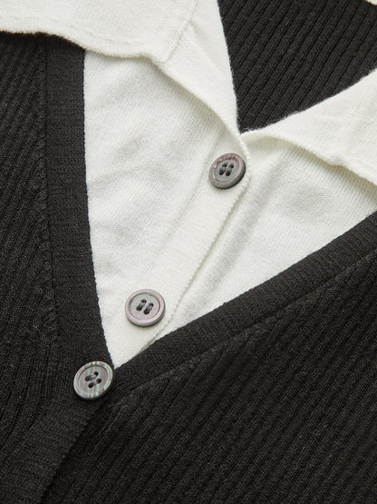 Kontrast Kesim Yaka Örgü Hırka