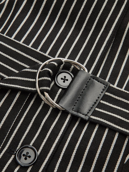 Pamuk Karışımlı Çizgili Kemerli Uzun Yelek