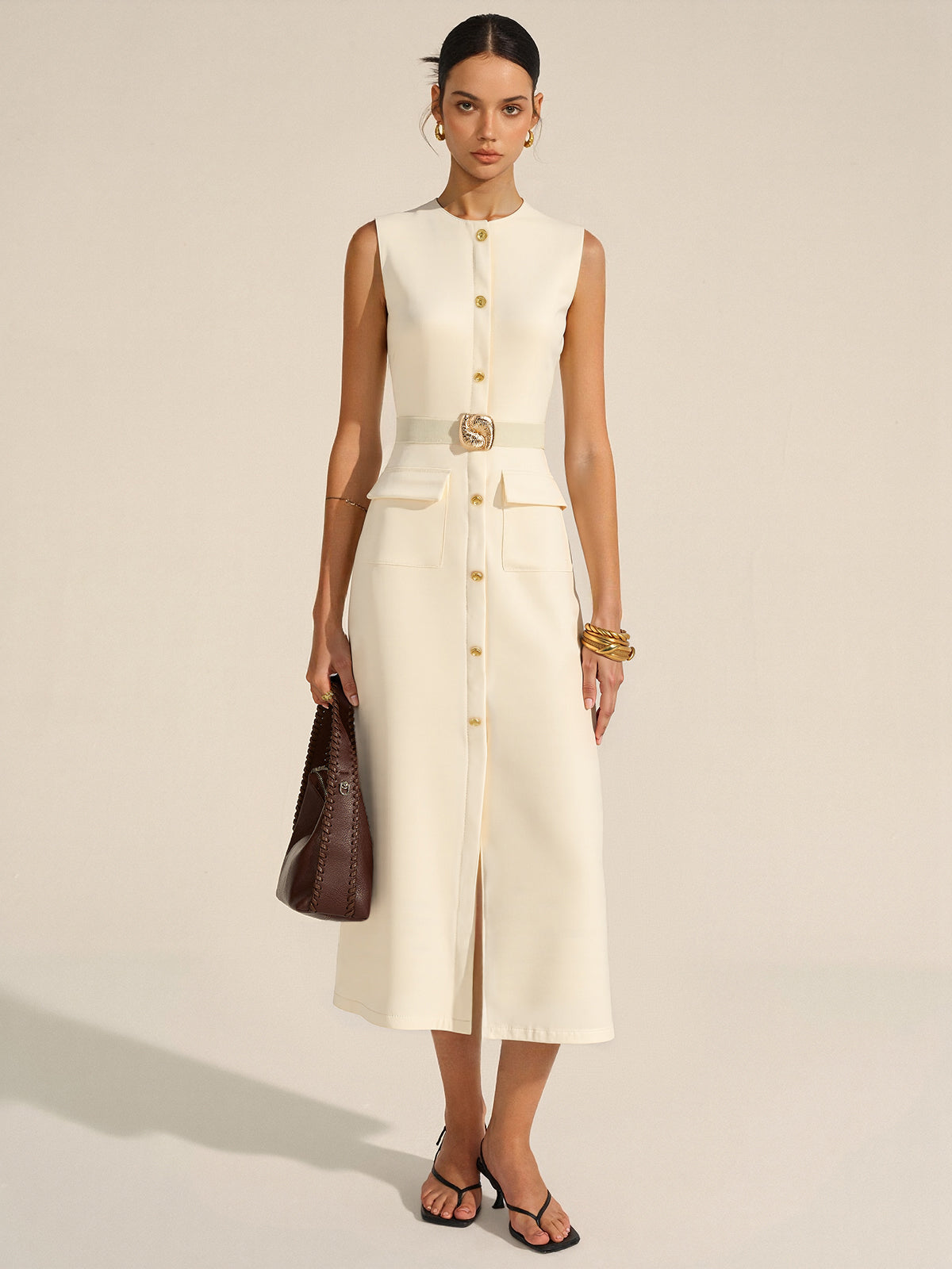 Önü Düğmeli Kemerli Uzun Elbise