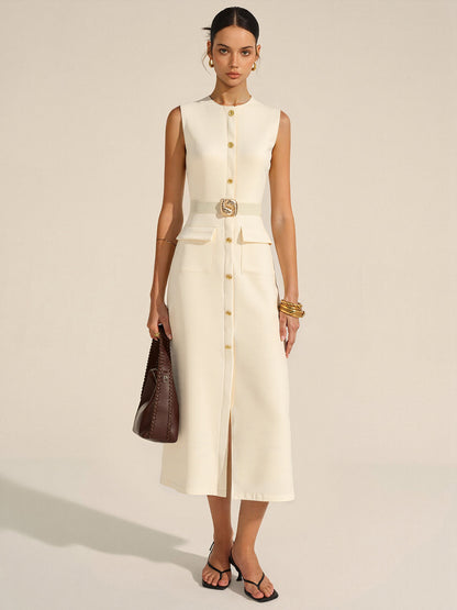 Önü Düğmeli Kemerli Uzun Elbise