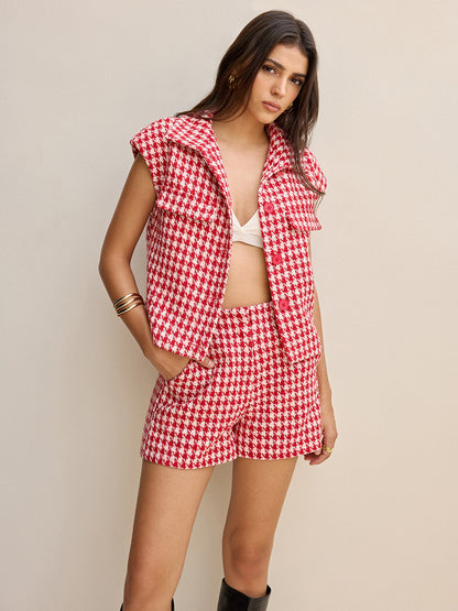 Balık Sırtı Tweed Yaka Kısa Kollu Yelek