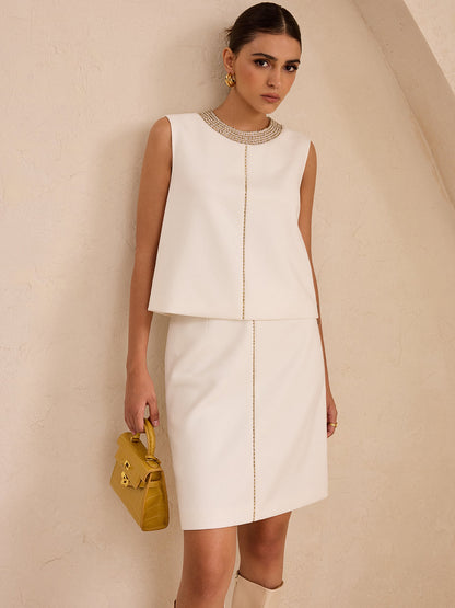 El Yapımı Boncuklu Kolsuz Üst ve Etek Takımı