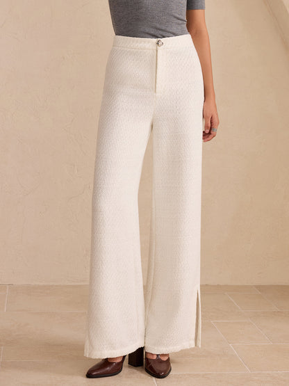 Tweed Yan Yırtmaçlı Geniş Paça Pantolon