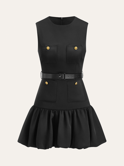 Kemersiz Volanlı Etek Metal Düğmeli Mini Elbise