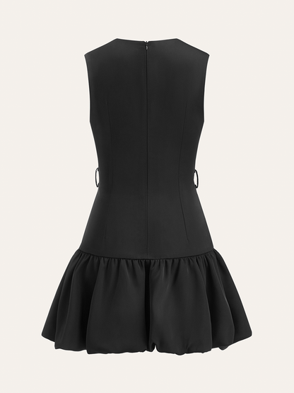 Kemersiz Volanlı Etek Metal Düğmeli Mini Elbise